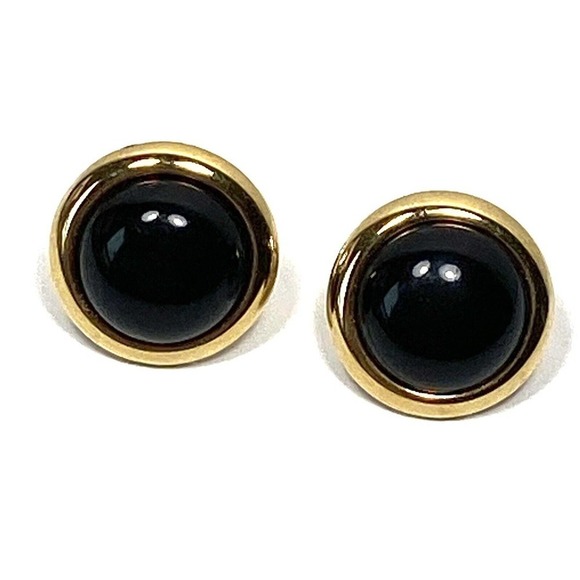 MONET Clip Ons Clips Earrings Black Acrylic Gold Tone Circles Vintage Signed - Picture 2 of 10